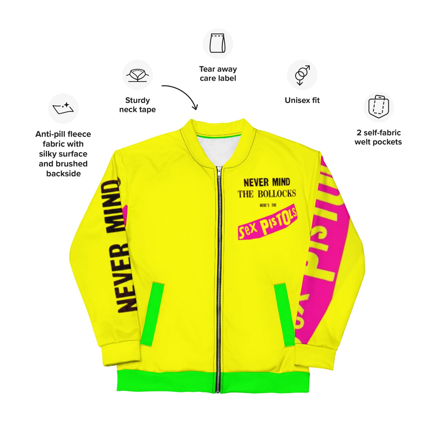Unisex Bomber sex pistols Jacket yellow green pockets